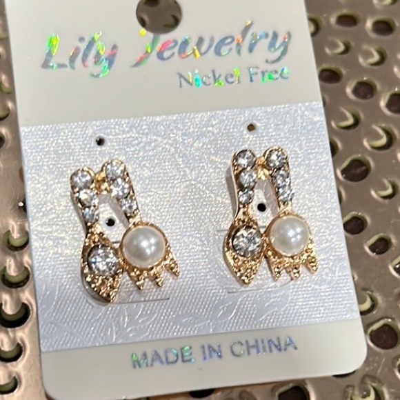 Jewelry - Gold fork and knife stud earrings with foe pearl and shiny rhinestones.